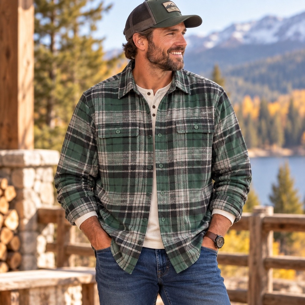 LL Bean Chamois Cloth Shirt Mens L Green Plaid Traditional Fit Heavy Flannel